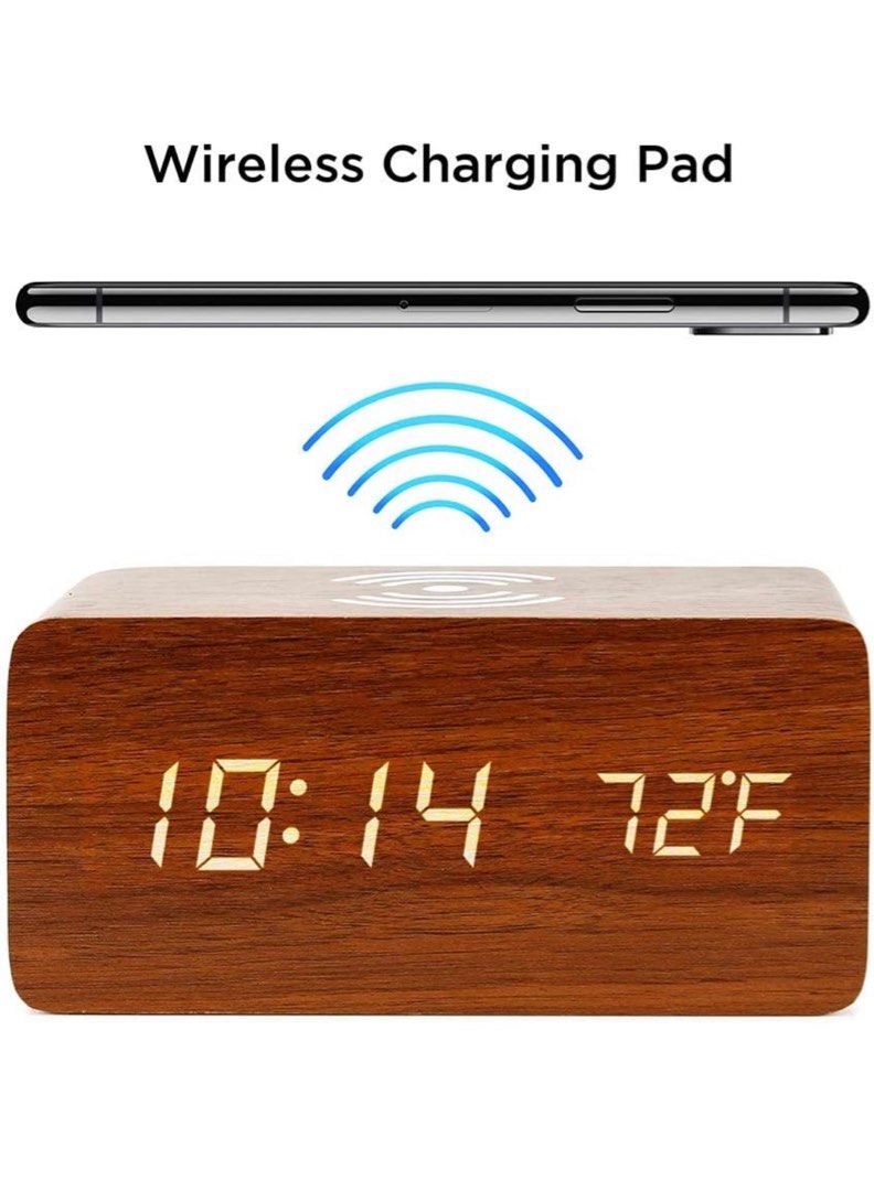 BNIB Wooden LED Clock with temperature and Wireless Charging, Furniture