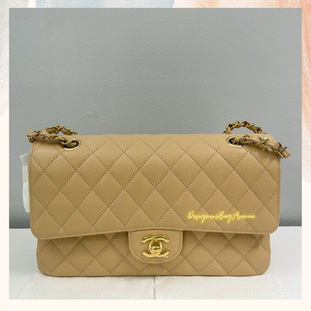 Chanel Classic Flap Medium Beige Clair Quilted Caviar and Gold Hardware ( Microchip), Luxury, Bags & Wallets on Carousell