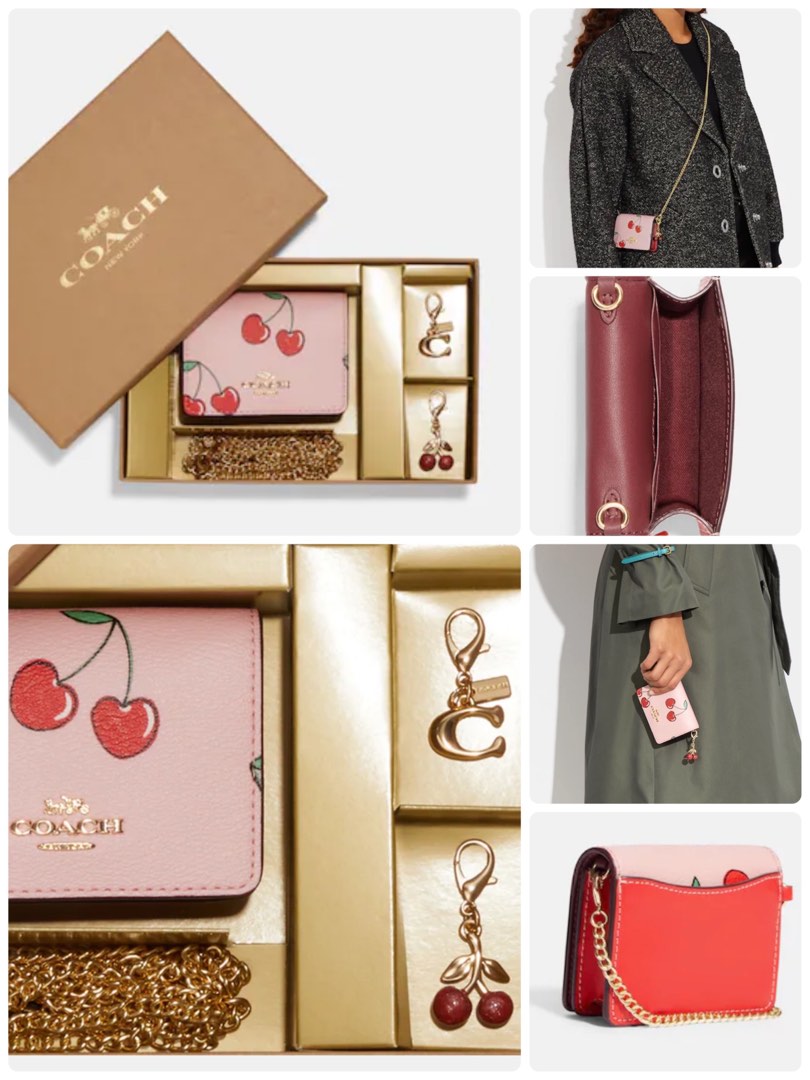 COACH Boxed Mini Wallet On A Chain With Heart Cherry Print, 名牌