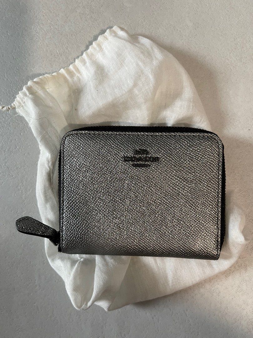 COACH METALLIC SILVER SPACE CROSSGRAIN LEATHER SMALL ZIP AROUND