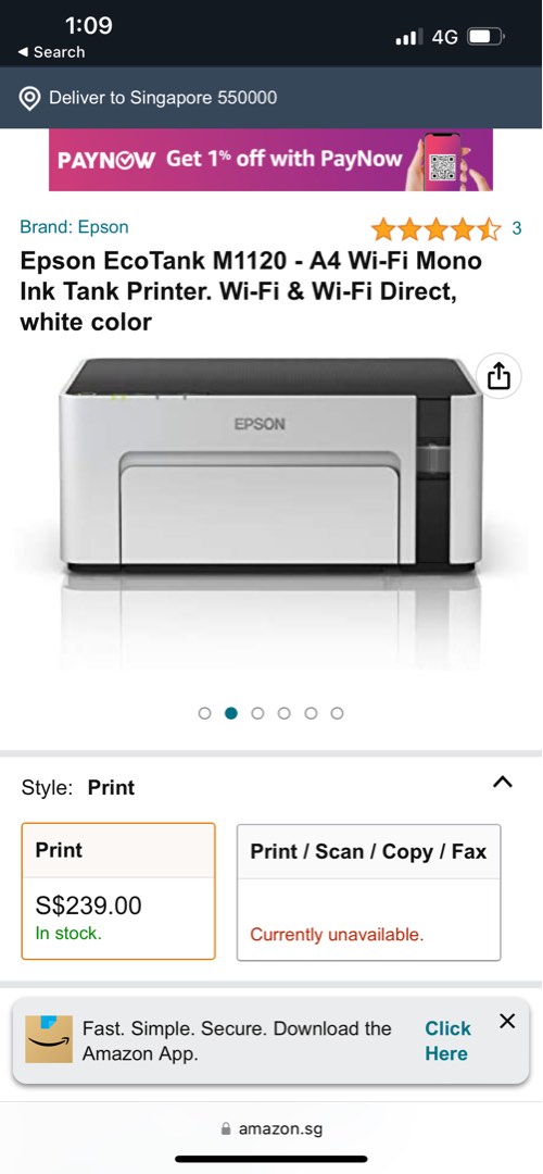 Epson M1120 Black Ink only printer + free new bottle ink, Computers