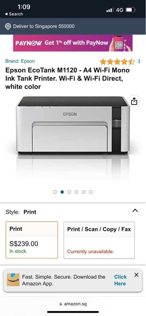 Epson M1120 Black Ink only printer + free new bottle ink, Computers