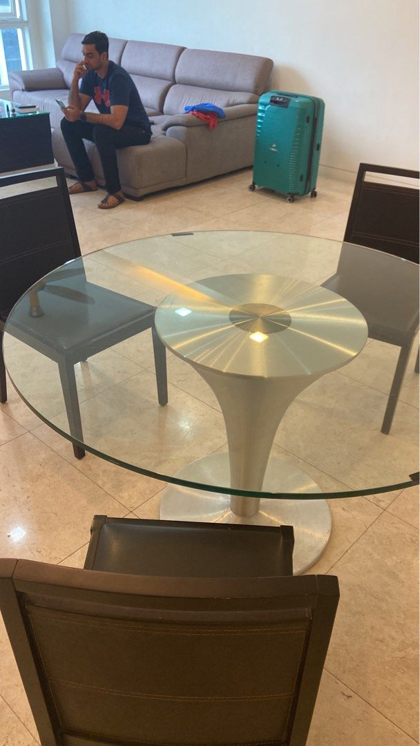 Glass Round Dining Table + 3 Chairs, Furniture & Home Living, Furniture