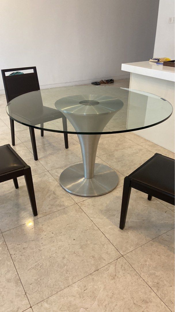 Glass Round Dining Table + 3 Chairs, Furniture & Home Living, Furniture