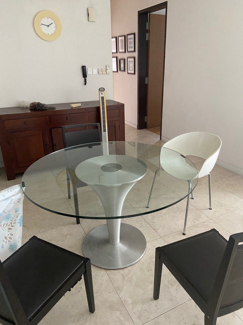 Glass Round Dining Table + 3 Chairs, Furniture & Home Living, Furniture