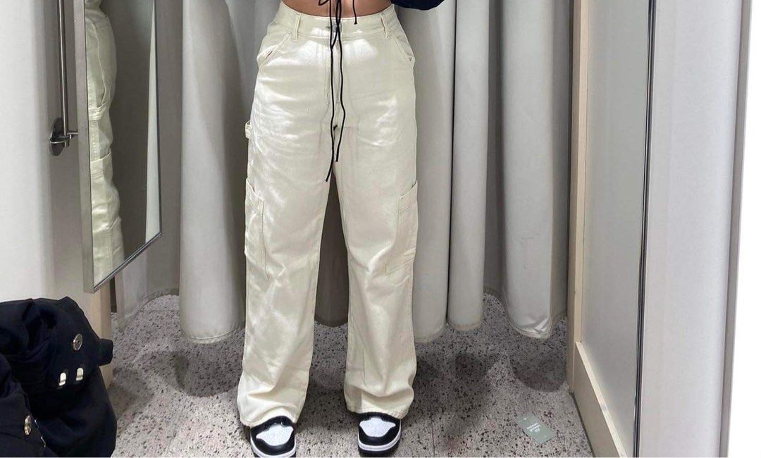 H&M Cream Cargo Pants, Women's Fashion, Bottoms, Jeans on Carousell