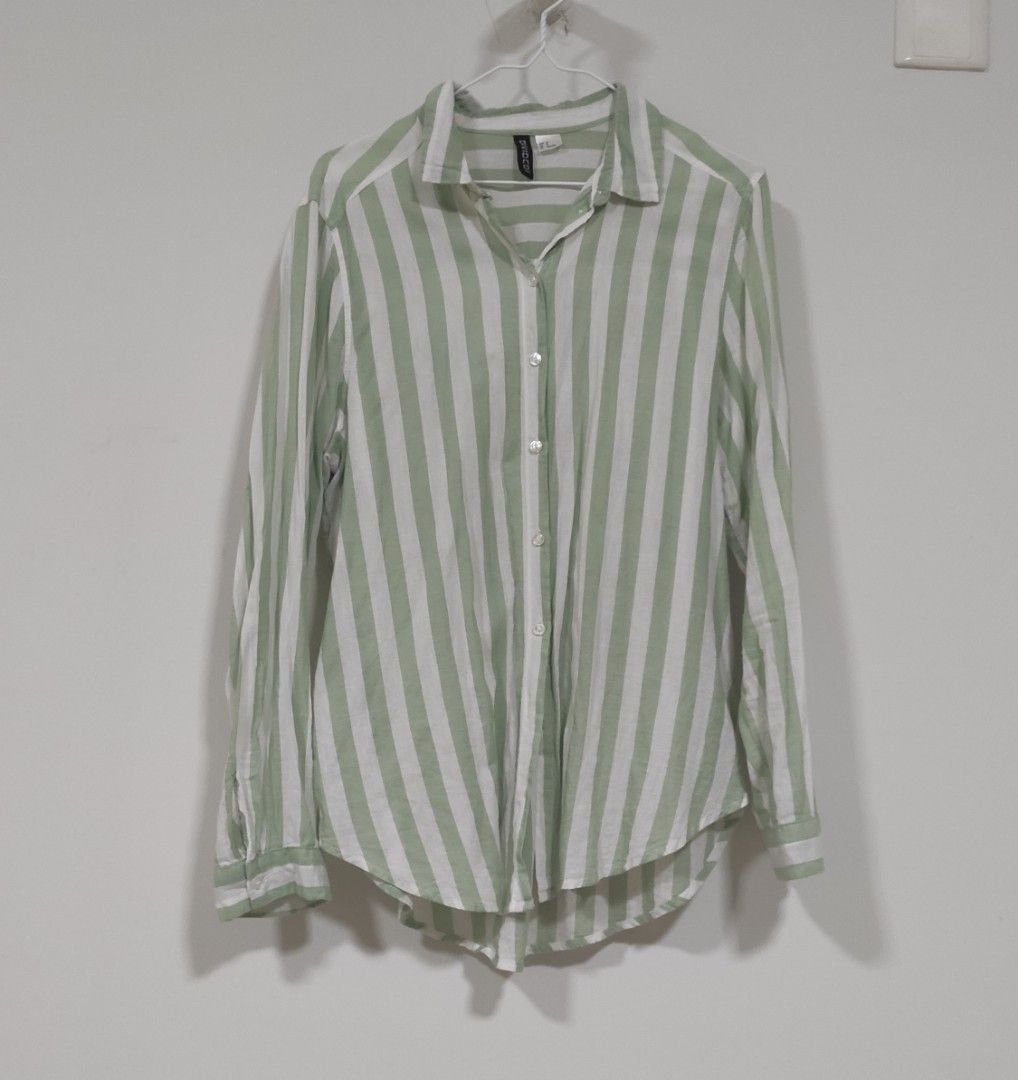 H M green striped shirt Women s Fashion Tops Shirts on Carousell