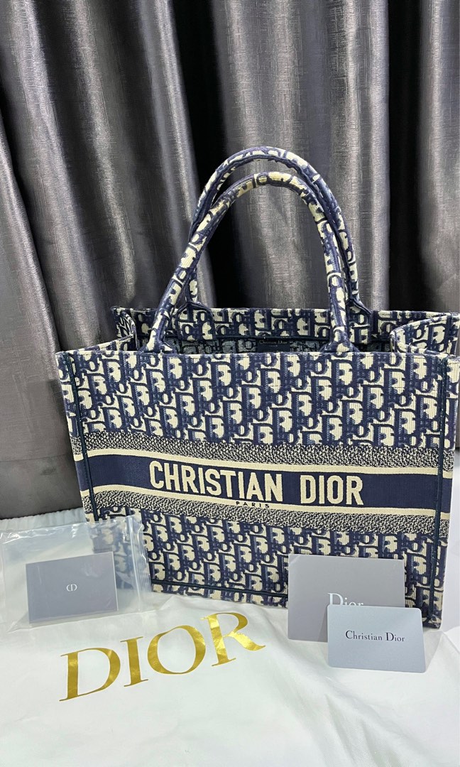 Authentic Christian Dior Ecru and Blue Dior Oblique Embroidery Medium Dior Book Tote