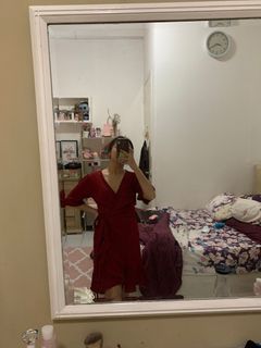 Red dress wrapped kimono wrap ruffle