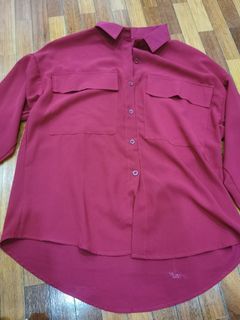 Red pockets collar longsleeve 红色双口袋雪纺衬衫