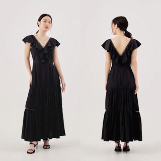 (S) Love Bonito LB Lela Ruffle Lace Trim Dress in Black