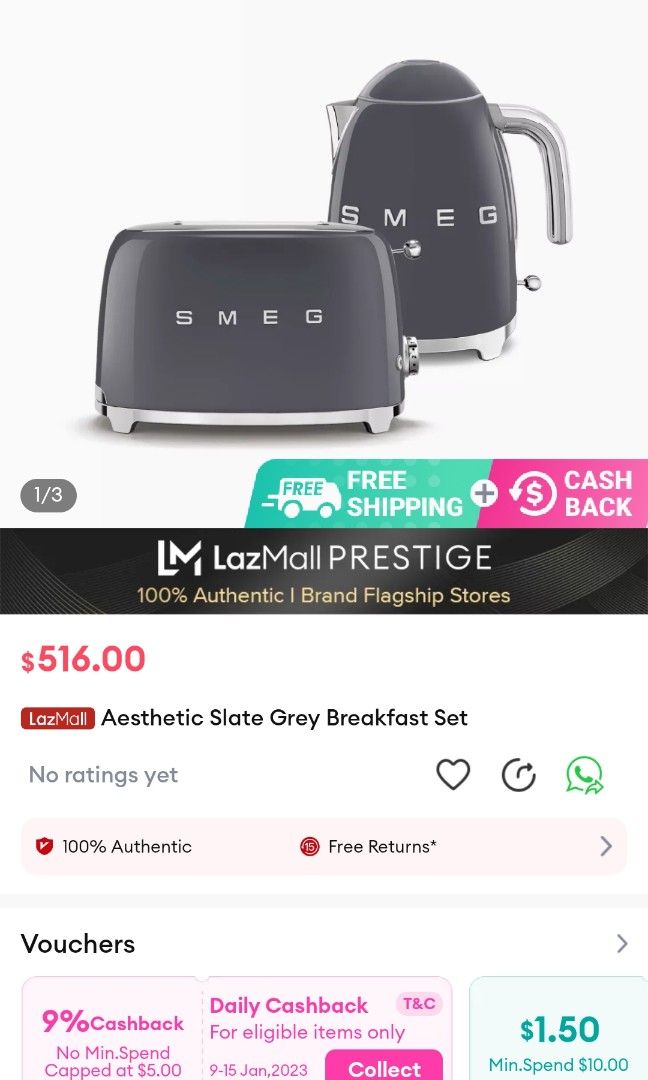 Smeg Kettle and ToastersGrey color, TV & Home Appliances, Kitchen