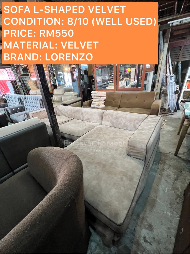 SOFA LSHAPED VELVET (LORENZO), Furniture & Home Living, Furniture