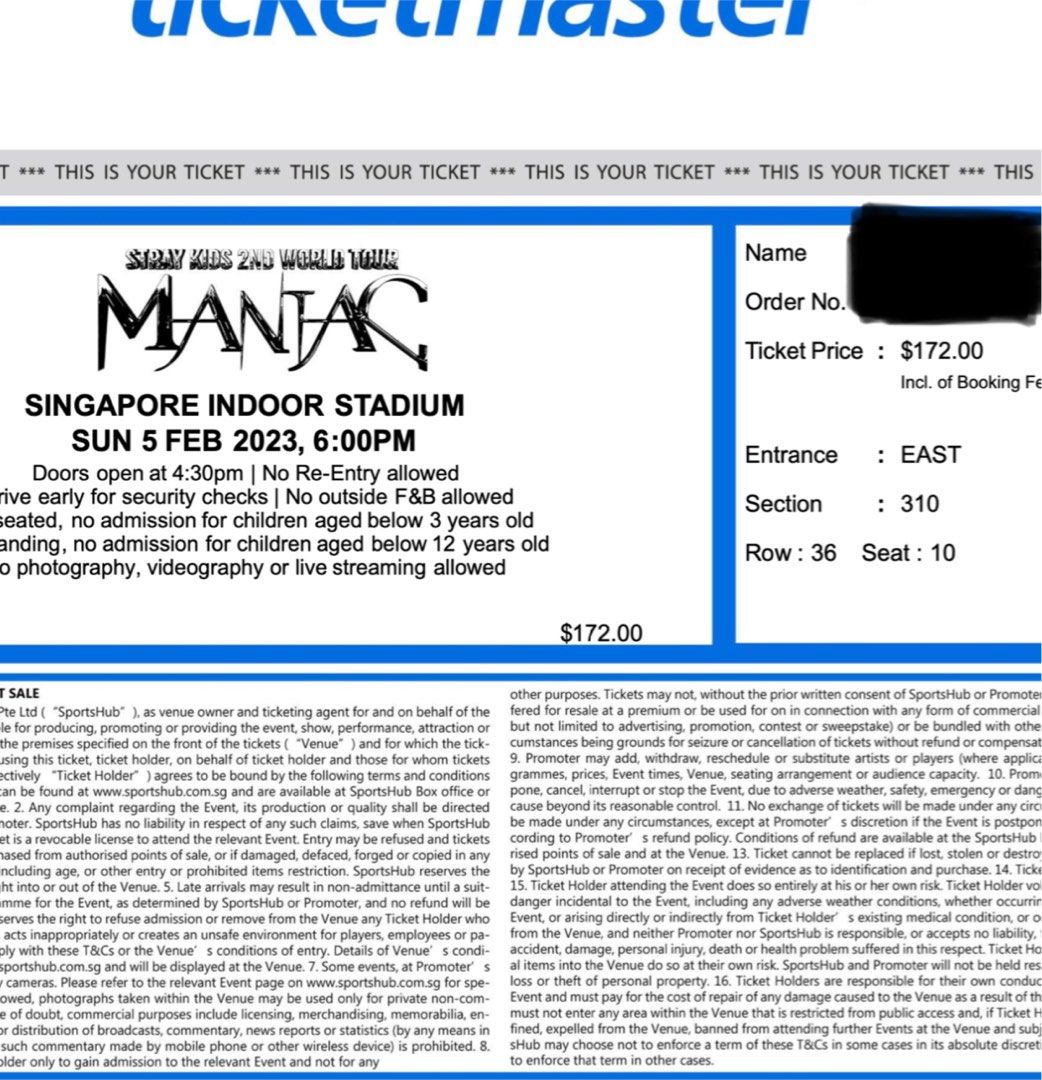 WTS Stray Kids SKZ Maniac Singapore Concert Ticket Cat 5 Section 310