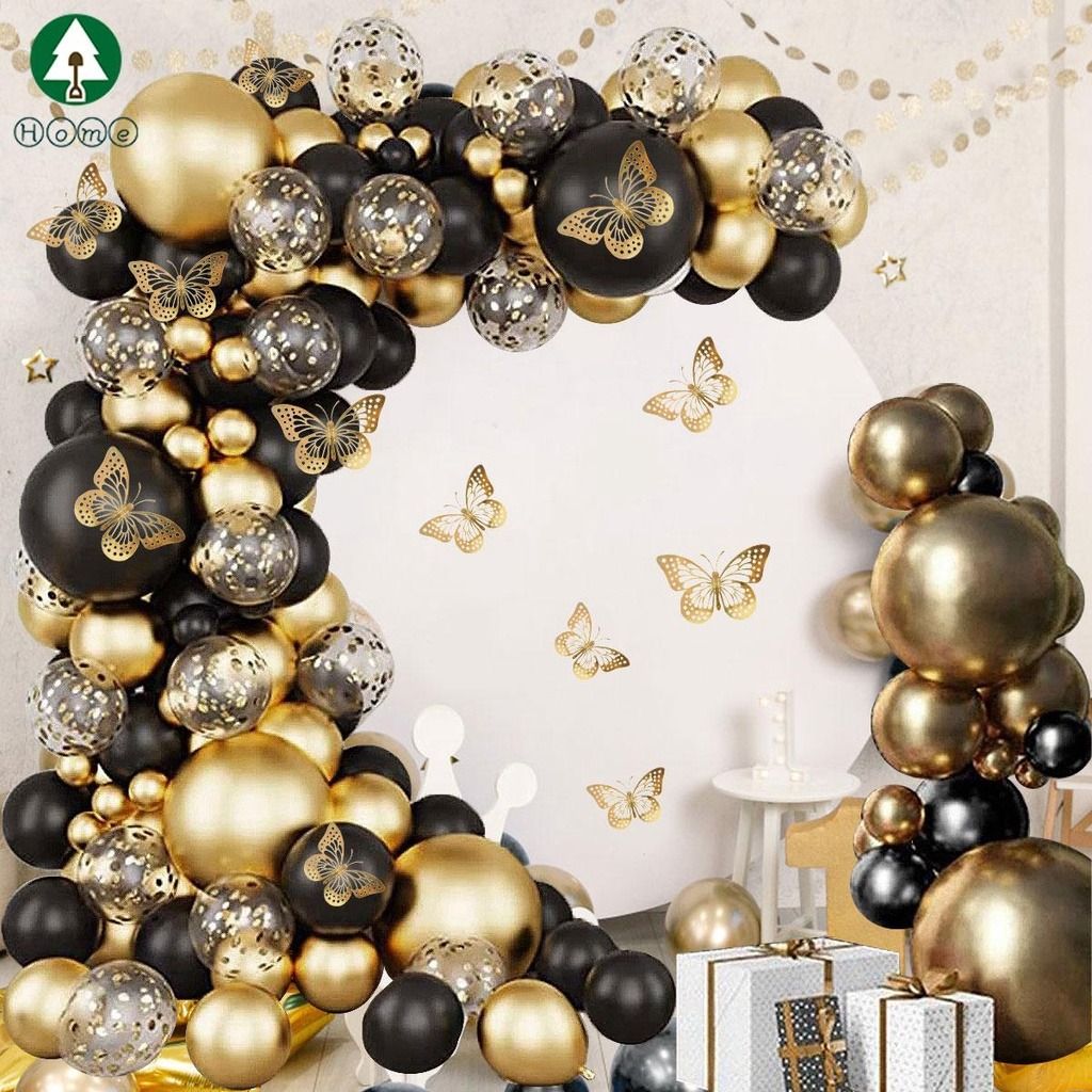 136Pcs Black Gold Butterfly Theme Party Balloons Assorted Reusable