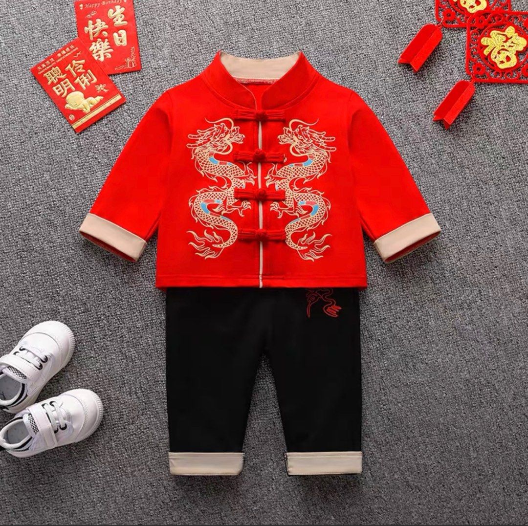 現貨】拜年服紅色雙龍男童唐裝新年裝100cm 110cm 120cm, 兒童＆孕婦