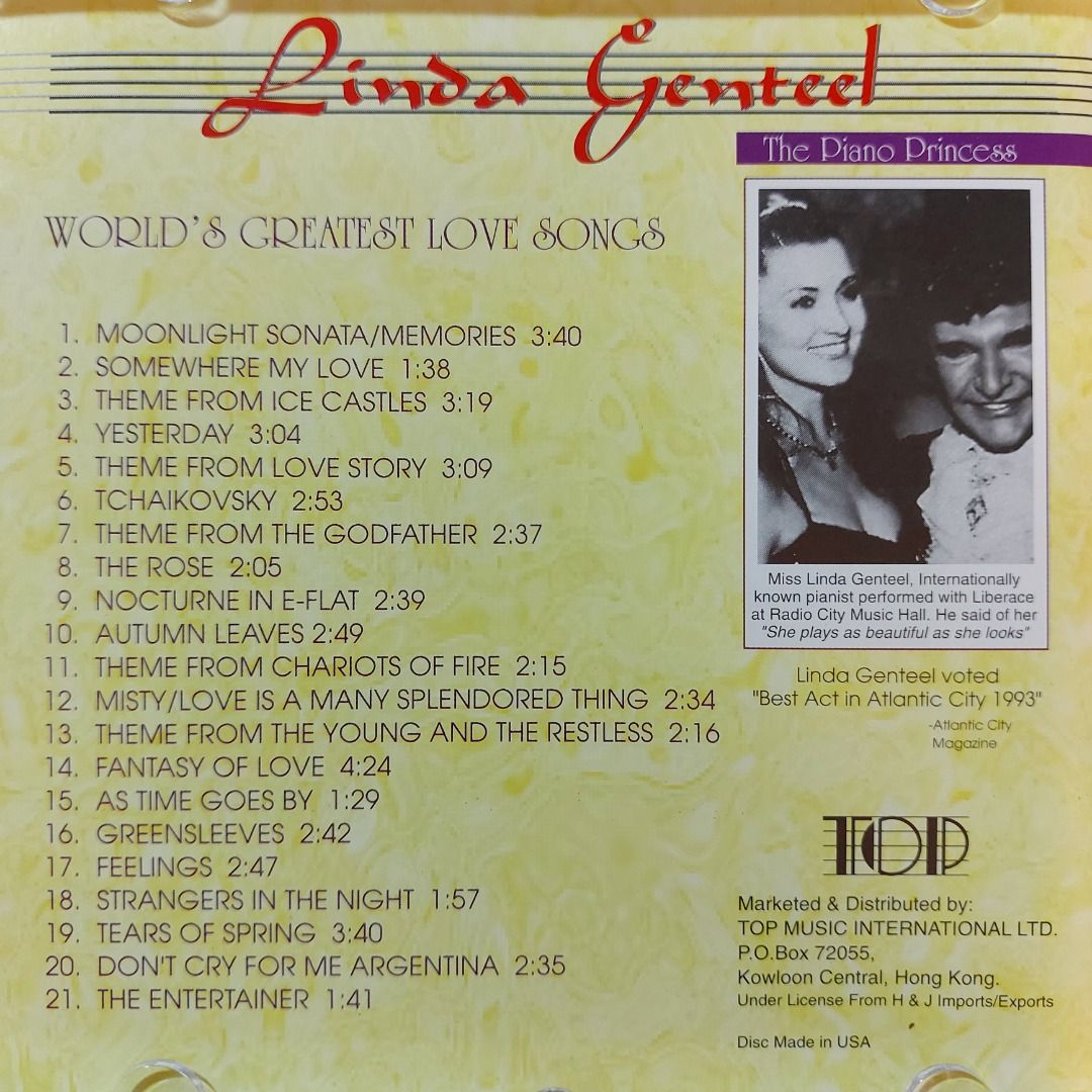 ALLoy GOLD) TopMusic．LiNDA GENTEEL - Worlds Greatest Love Songs 精選CD (97年made  in USA) tHe GodFather, Chariots of Fire, As Time Goes By, 興趣及遊戲, 音樂、樂器& 配件,  音樂與媒體-