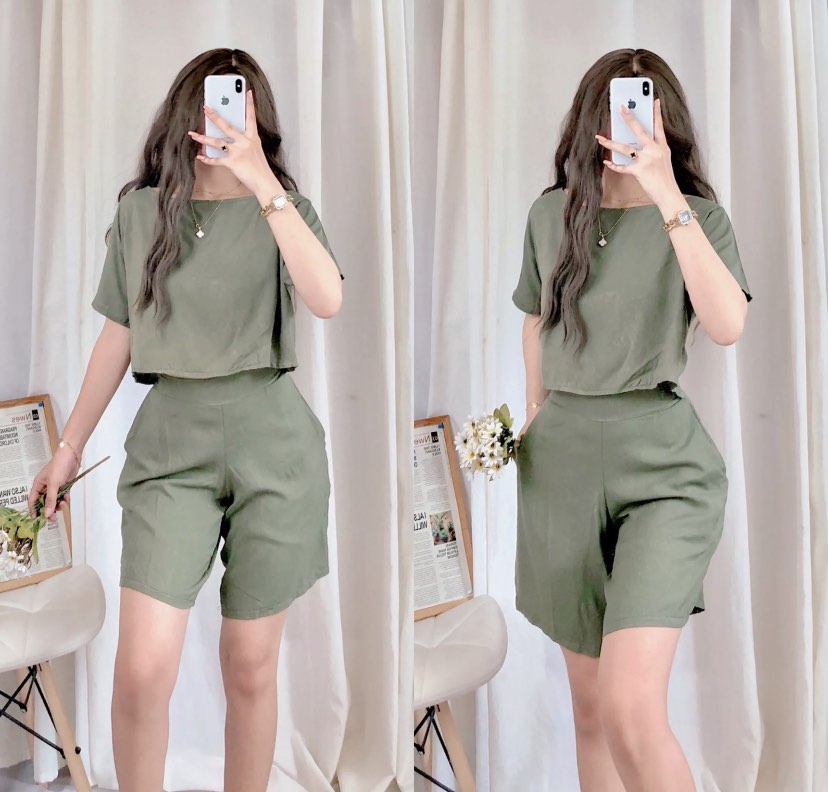 Cute Korean Chalis Terno Coordinates - Army Green, Women's Fashion ...