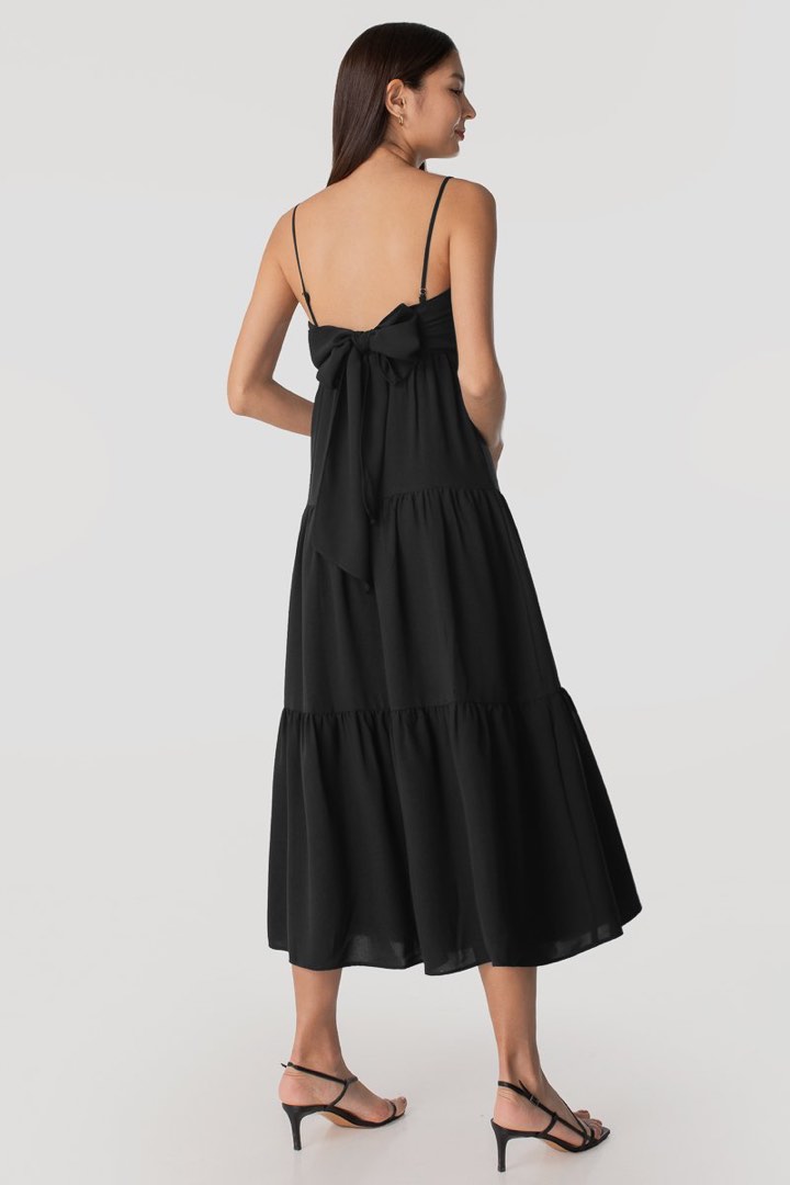 ELODIE TIE-BACK RIBBON TIERED MIDAXI DRESS #MADEBYLOVET (BLACK