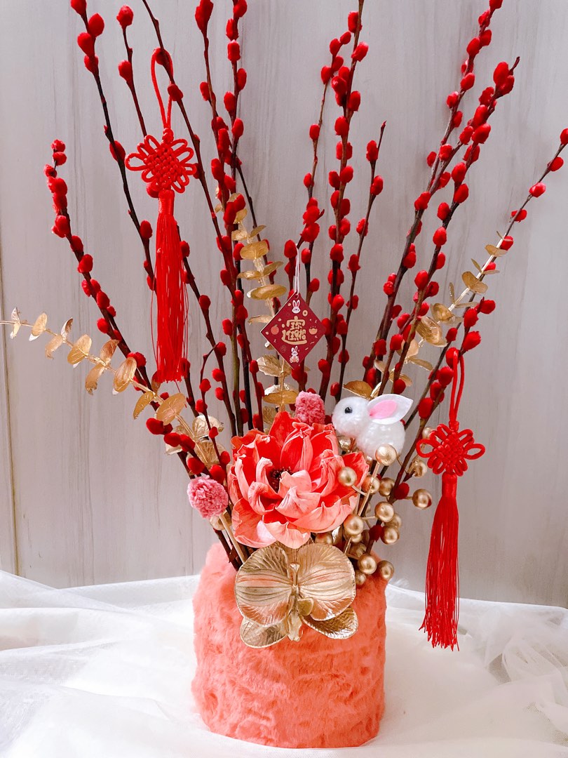 CNY Fluffy Rabbit with red pussy willows, Hobbies & Toys, Stationery