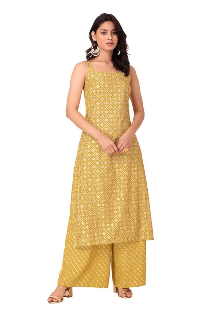 Buy Indya Women's Yellow Kurta Bandhani Angrakha at Amazon.in