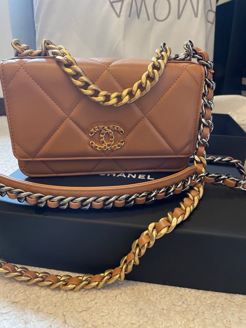 New Chanel 19 WOC Caramel brown beige tan wallet on chain small flap bag  gold logo lambskin, Luxury, Bags & Wallets on Carousell