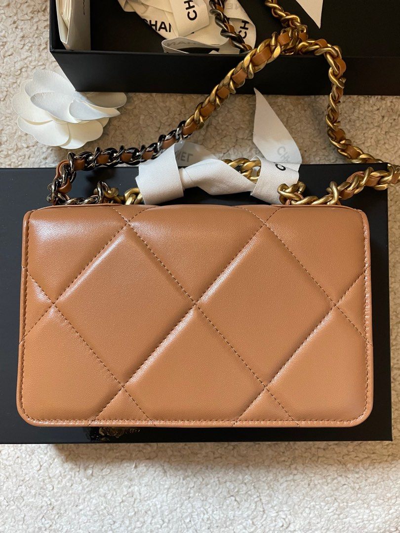 New Chanel 19 WOC Caramel brown beige tan wallet on chain small flap bag  gold logo lambskin