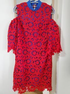Ong Shunmugam Chilli Red with Blue Lace dress
