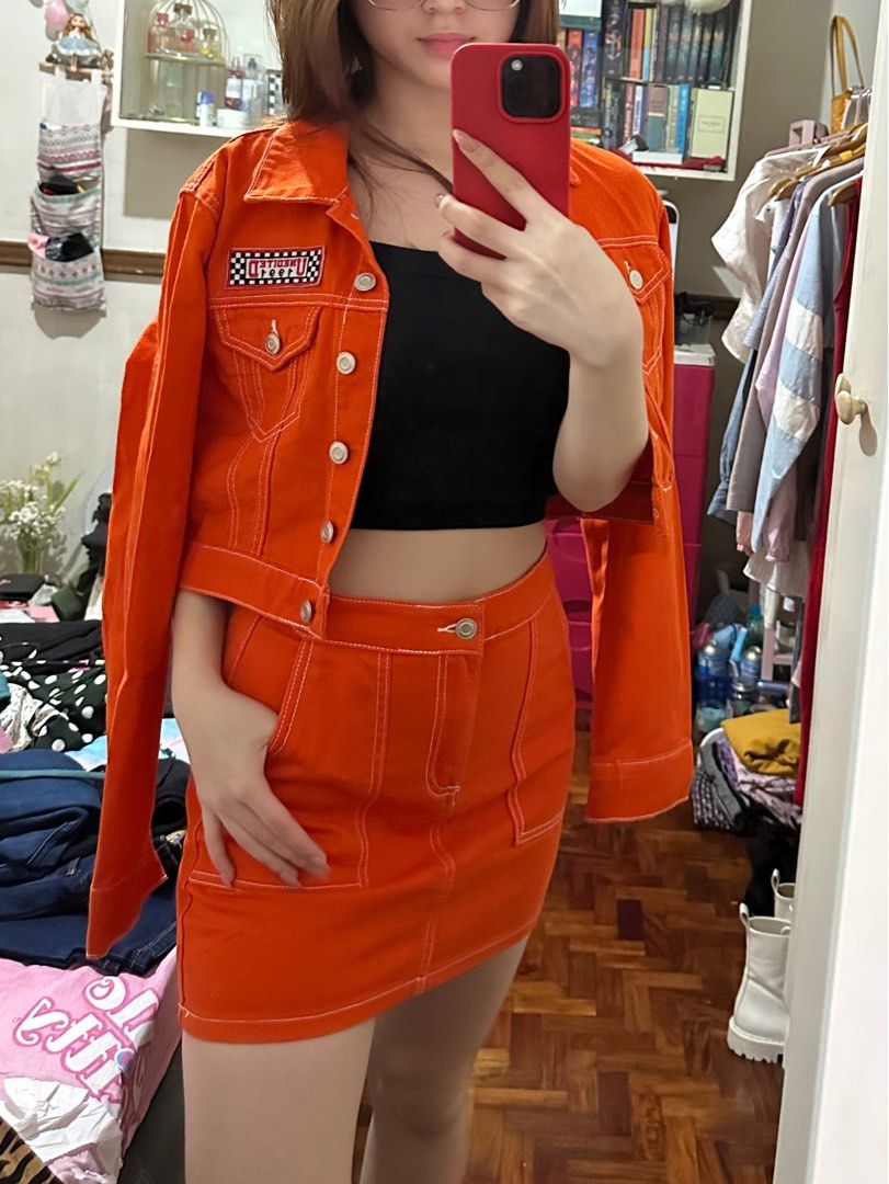 Orange denim skirt and jacket best sale set