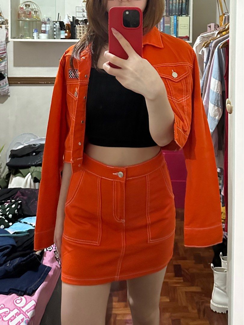 Orange Denim Jacket Skirt Set