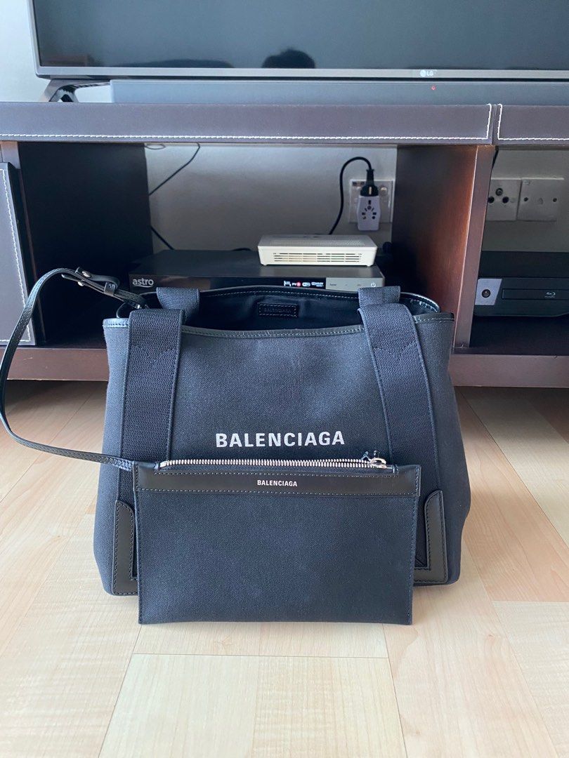 Original Balenciaga Cabas S logo print leather trim canvas tote bag