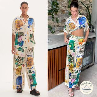 Alemais Soleil printed silk-satin oversized shirt pant