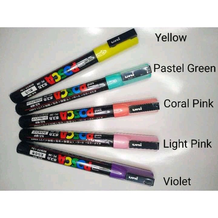 Uni Posca Paint Markers (Different Colors) (Category: Craft Supplies & Tools) located in Quezon City. Submitted by artes.dreame (Listing ID 1209036344, Image 2). Description: UNI POSCA PAINT MARKER Price: 120 each Available colors for PC-1M: White Black Gold Available colors for PC-3M White Black Coral pink Yellow Pastel green Light Pink Violet Gold ☑️ INDOOR AND OUTDOOR USE ☑️ STABLE PIGMENTS ☑️ STRONG UV RESISTANCE ☑️ QUICK DRYING ☑️ Permanent 