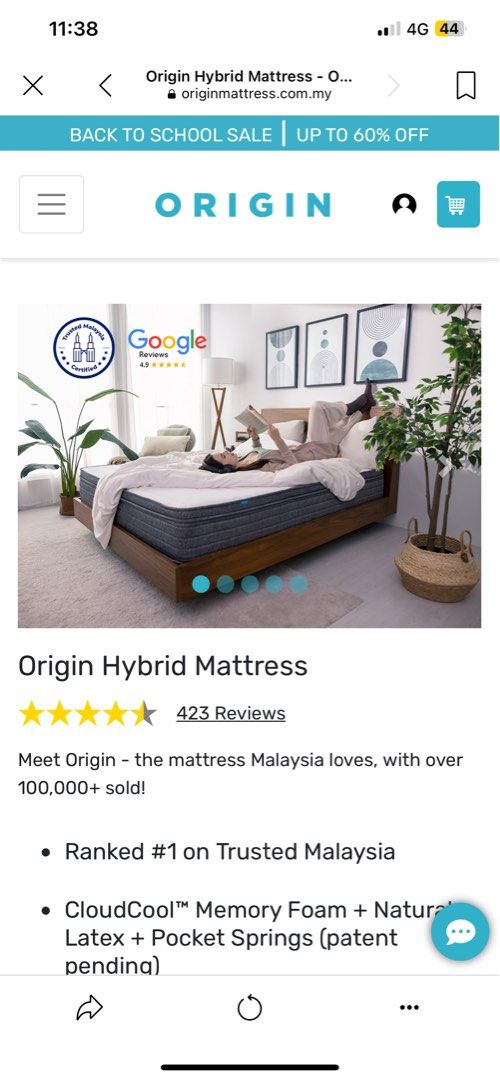 Used Origin Mattress Malaysia Queen Size and bed frame, Furniture