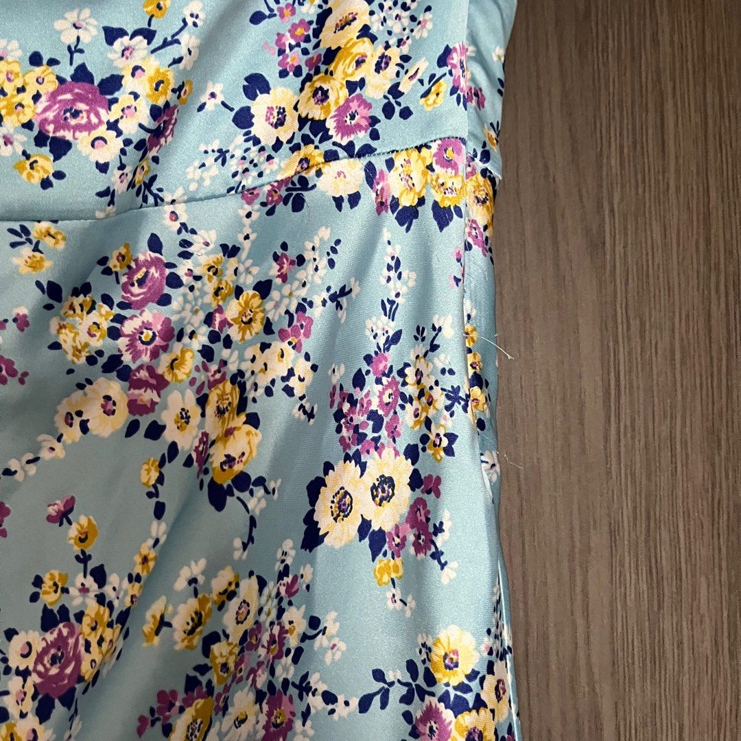 Zara blue floral puff sleeve silk dress, Women's Fashion, Dresses