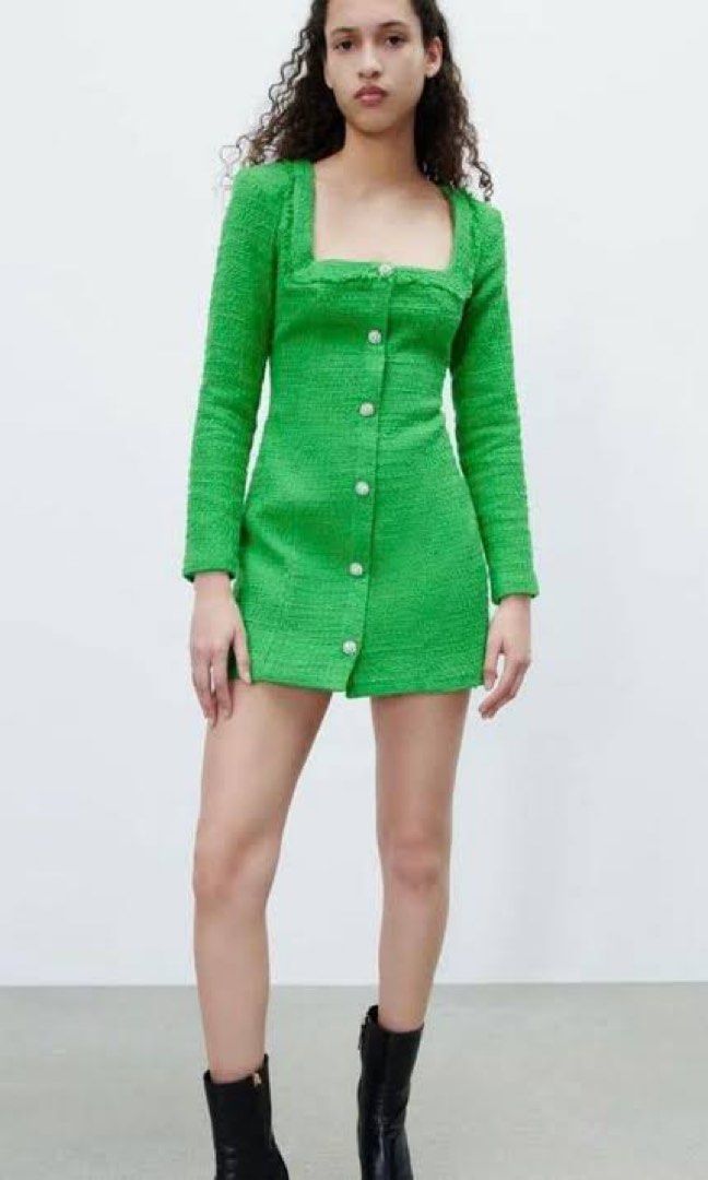 ZARA GREEN TEXTURED WEAVE TWEED DRESS, Women's Fashion, Dresses & Sets,  Dresses on Carousell