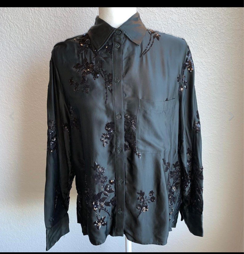 ZARA WOMAN GREY GREEN SEQUIN EMBROIDERED SHIRT BLOUSE 2731/340 M, Women's  Fashion, Tops, Blouses on Carousell