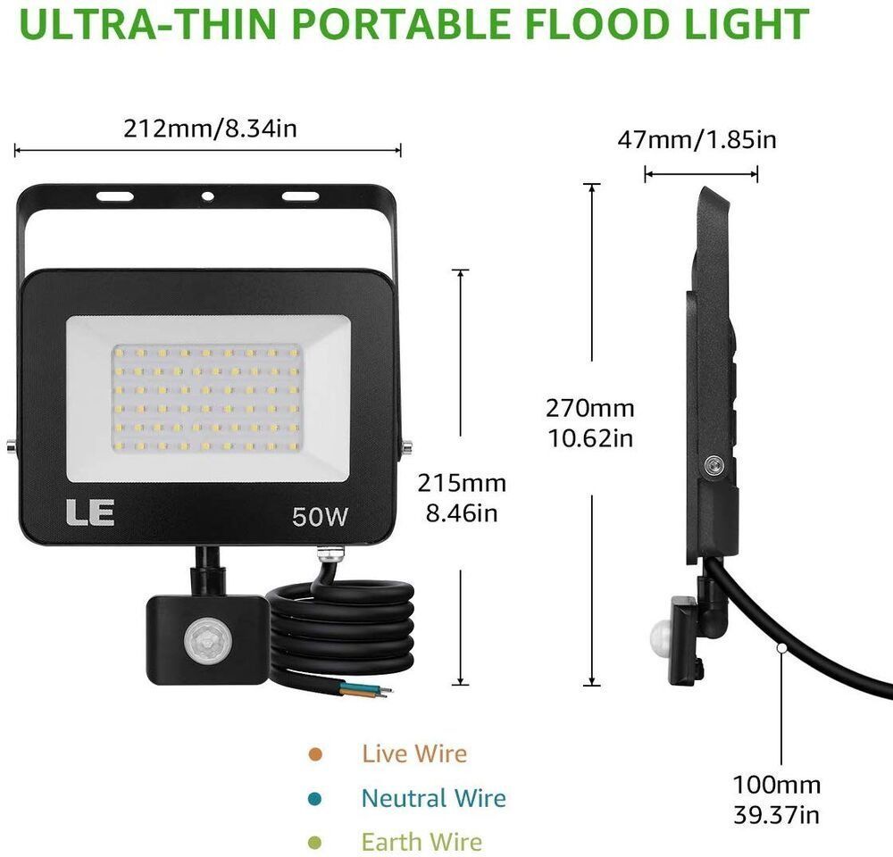 3592] LE 50W Outdoor LED Flood Light with Motion Sensor, 4400lm, 5000K White,  Furniture  Home Living, Lighting  Fans, Lighting on Carousell