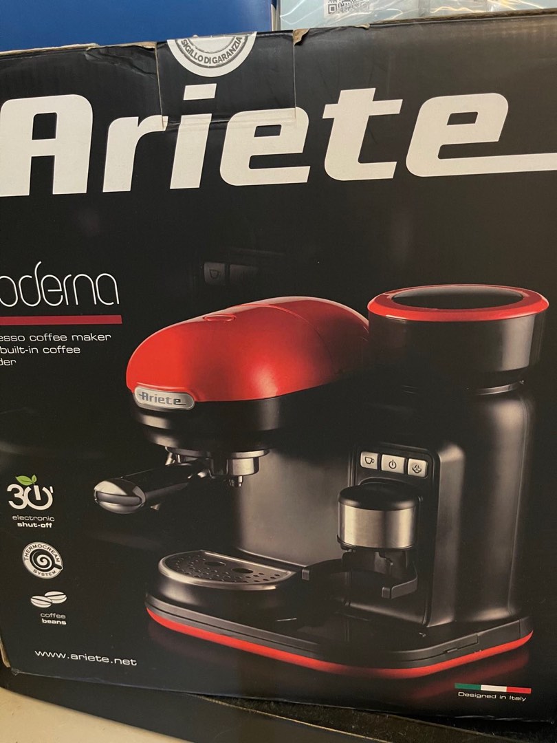 ARIETE MODERNA ESPRESSO COFFEE MACHINE WITH INTEGRATED COFFEE GRINDER (1318 RED), 家庭電器, 廚房電器