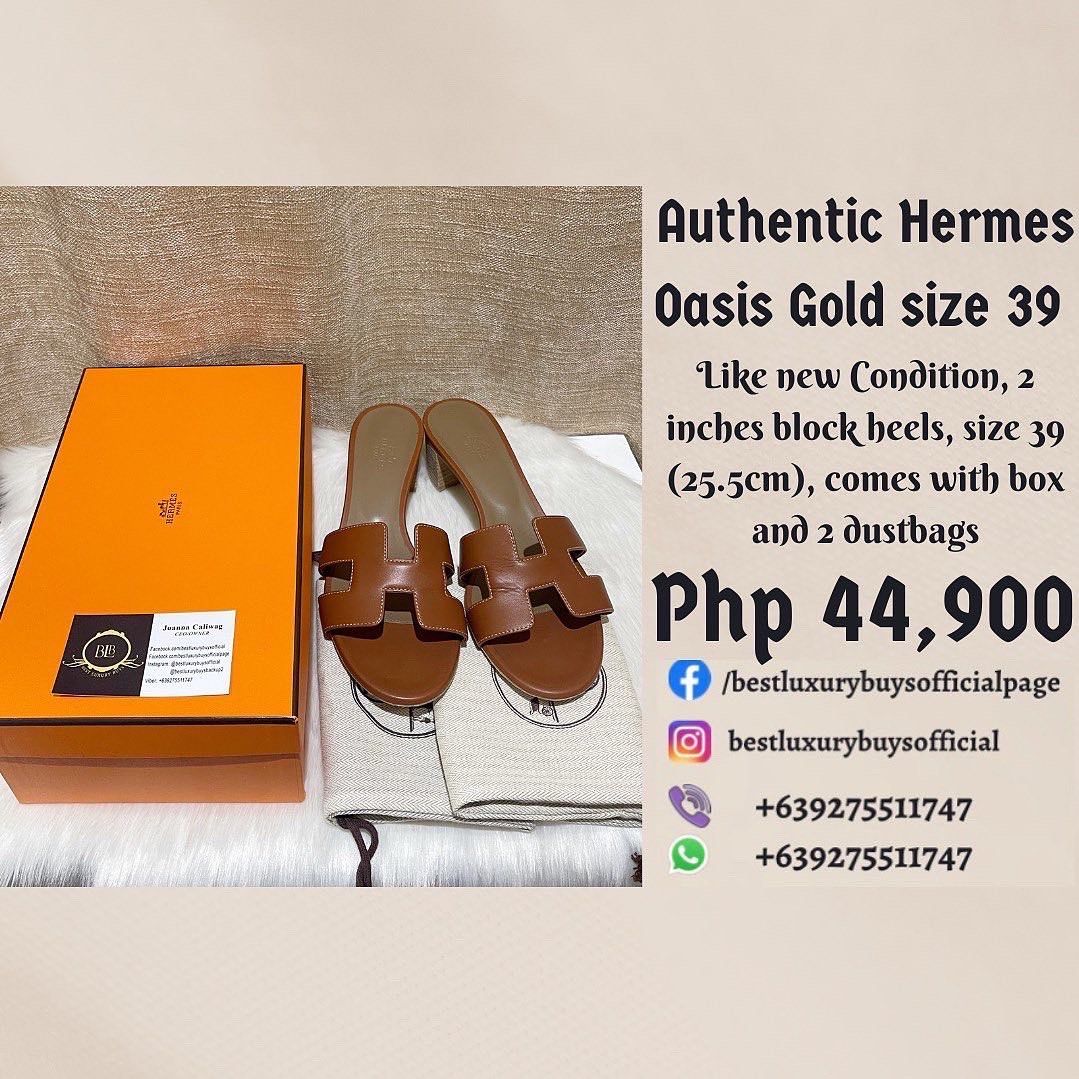 Authentic Hermes Oasis Gold size 39 Like new Midheel Sandals Slides Shoes