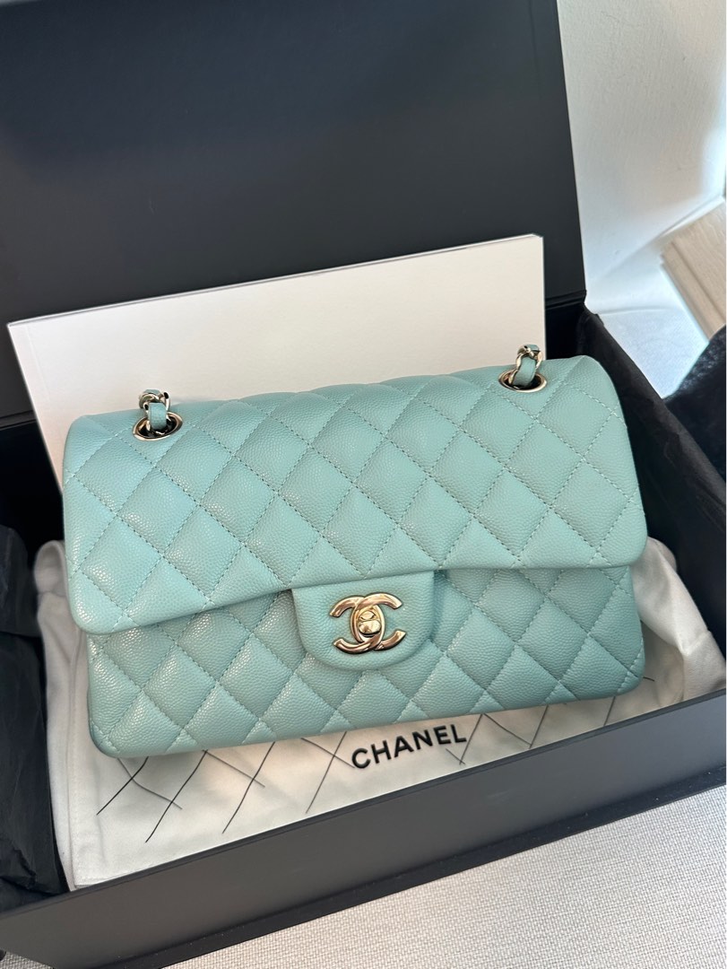 Chanel Timeless Handle Mini Square Tweed Tiffany Blue / Beige