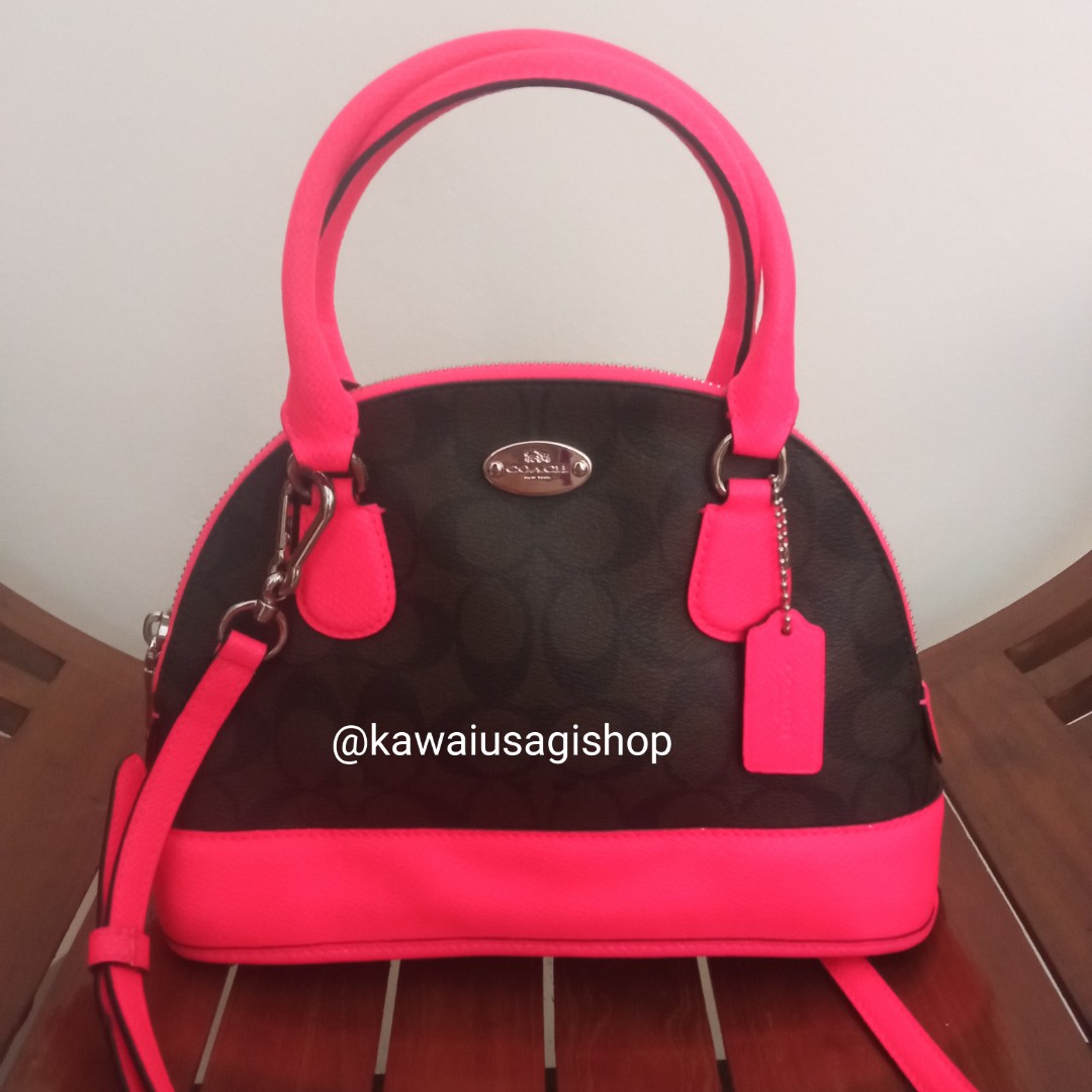 Coach Signature MINI Cora Domed Satchel in Brown & Neon Pink