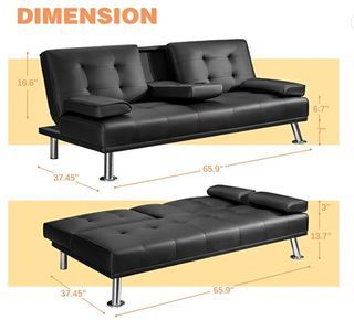 Futon Sofa Bed Modern Faux Leather Couch Bed Convertible Folding Recliner for Living Room with 2 Cup Holders and Armrest
