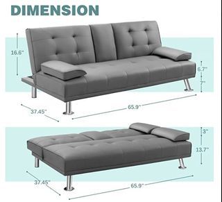 Futon Sofa Bed Modern Faux Leather Couch Bed Convertible Folding Recliner for Living Room with 2 Cup Holders and Armrest