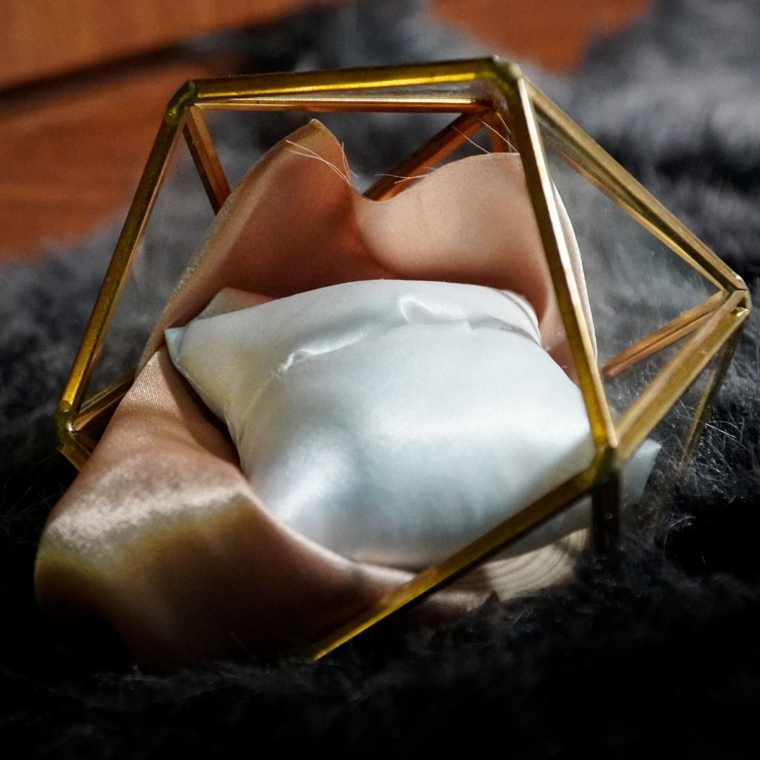 Gold Geometric Ring Holder With Ring Pillow and Clothe for