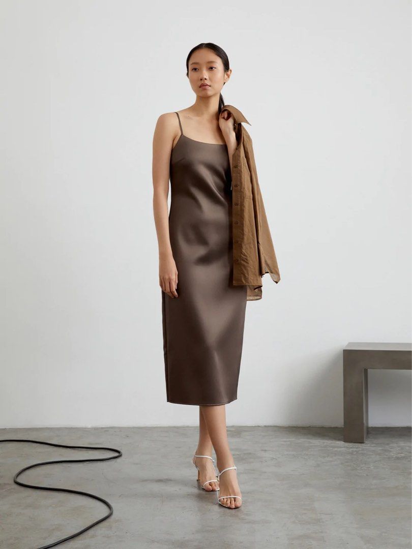 coffee brown satin dress Coffee Mermaid Cold Shoulder Ruched Corset Long Bridesmaid Dress with Slit main image 0