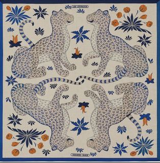 Hermes - Natural / Blue / Orange Les Leopards Shawl 140cm x 140cm
