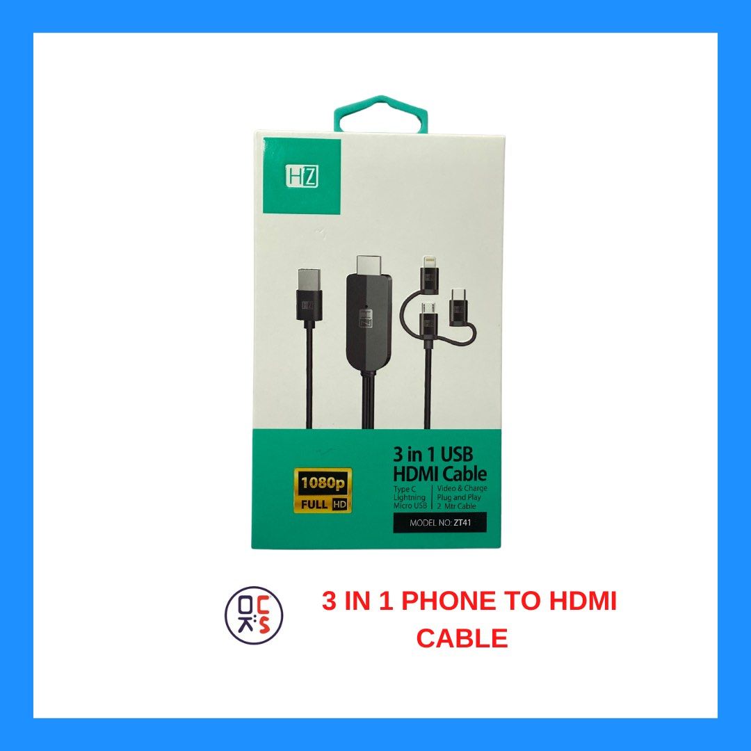 HZ ZT41 3 in 1 USB to HDMI Cable Type C, Lightning & Micro USB HDMI