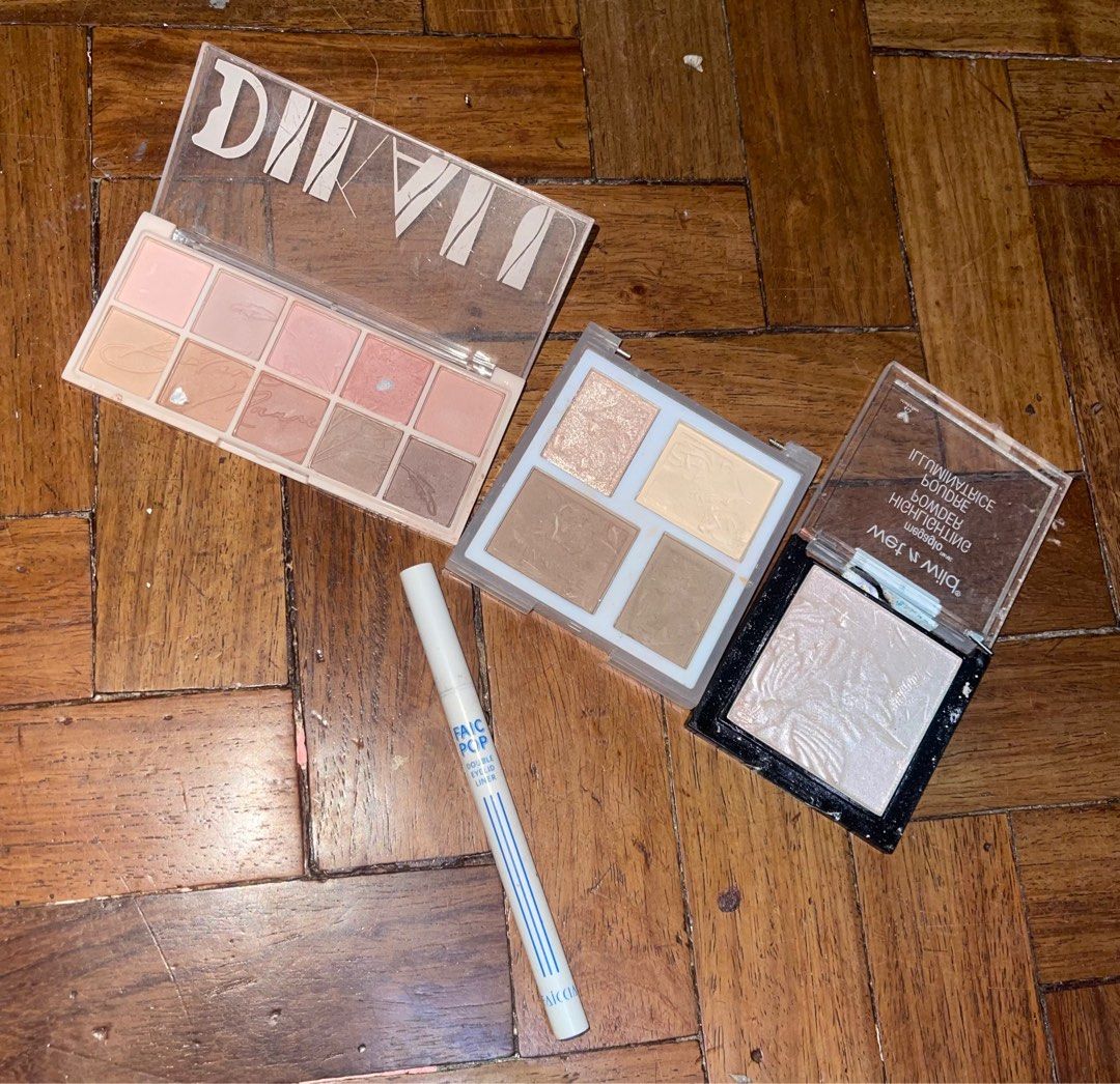 korean makeup bundle (Category: Makeup) located in Angeles City. Submitted by meenshopsss (Listing ID 1209177440, Image 1). Description: barely used palette, not used at all wet n wild highlighter (but the case is damaged), contour korean palette (also damaged case), and aegyo liner (waterproof) .