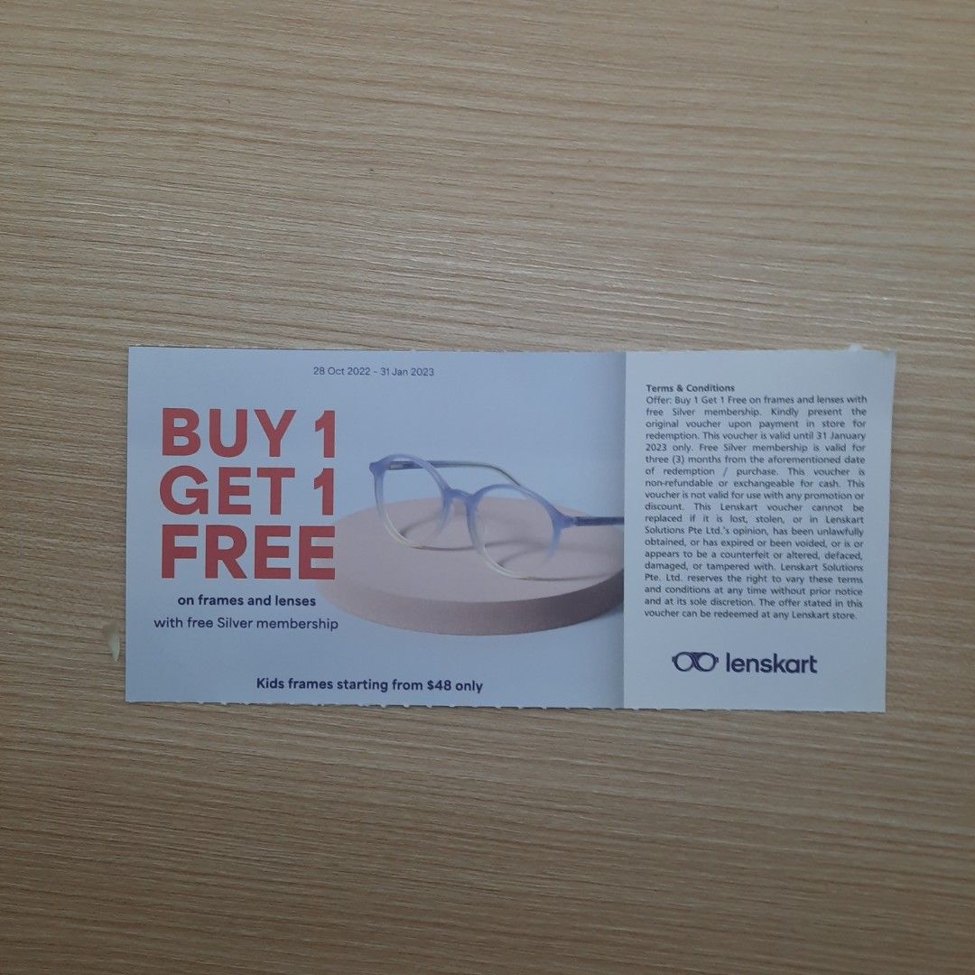 Lenskart BUY 1 GET 1 FREE on frames and lenses, Tickets & Vouchers, Vouchers on Carousell